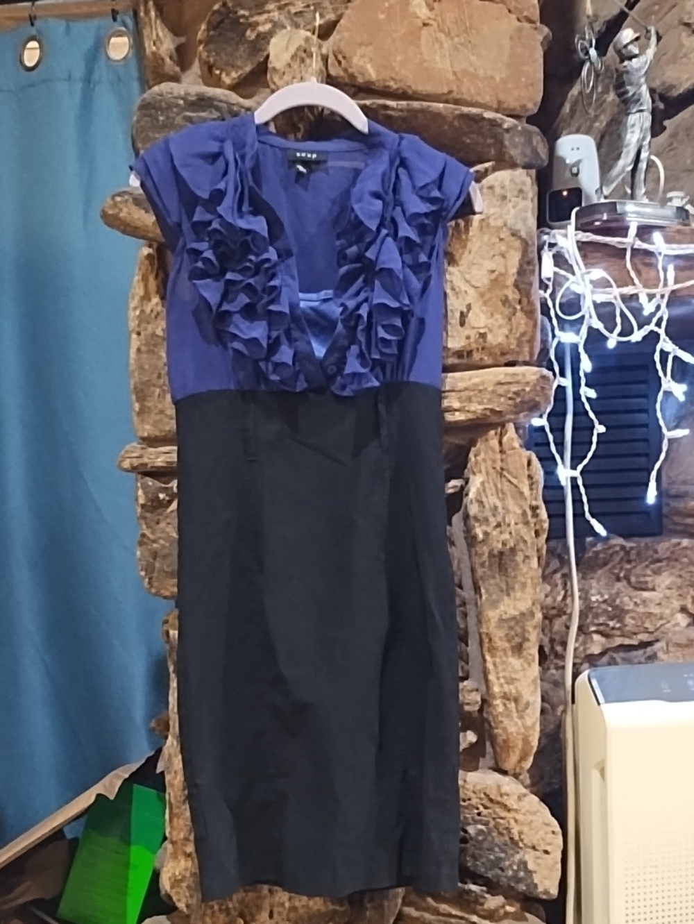 Snap Two-Tone Ruffle-Front Midi Dress in Purple and Black
